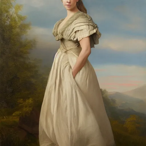 Prompt: portrait of Alicia Vikander wearing grey 1850 dress, in the style of the Hudson River School