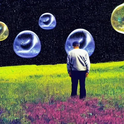 Image similar to an old man in a field looking at multiverse bubbles in the sky, scene from a star trek movie