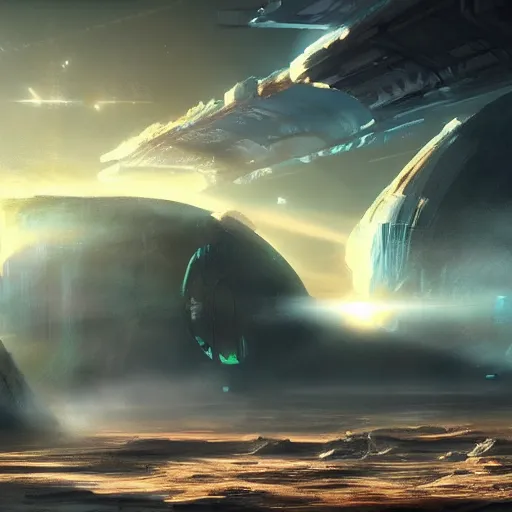 Image similar to scifi space landscape, concept art, trending on, volumetric lighting, epic composition