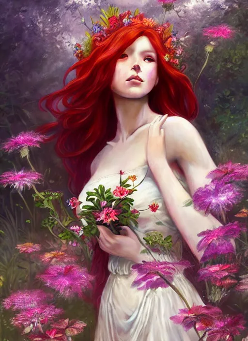 Image similar to a beautiful red haired woman as a fairy princess in a garden holding a bouquet of wild flowers, deep focus, d & d, fantasy, intricate, elegant, highly detailed, digital painting, artstation, concept art, matte, sharp focus, illustration, hearthstone, art by artgerm and greg rutkowski and alphonse mucha