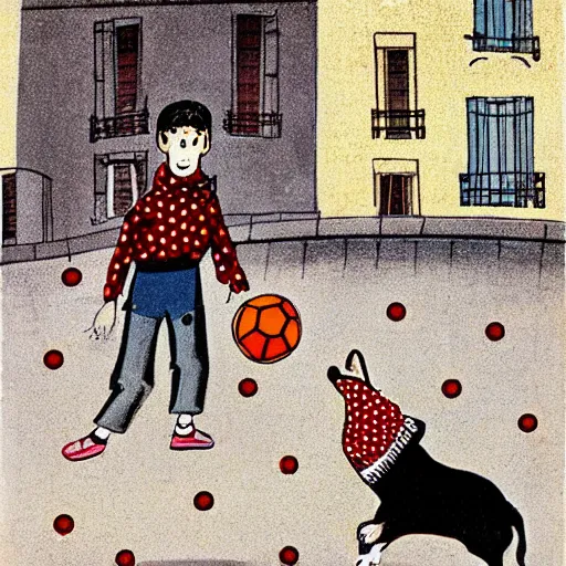 Image similar to book illustration of a french boy on the streets of paris playing football against a corgi, the dog is wearing a polka dot scarf, 1 9 6 6