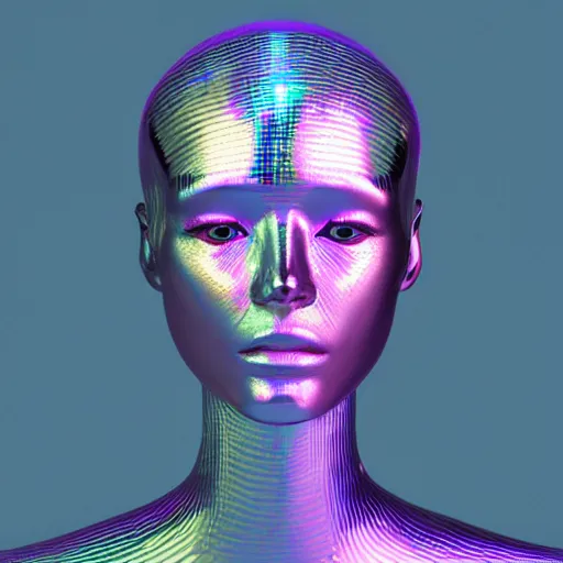 Image similar to 3d render of holographic human robotic head made of glossy iridescent, surrealistic 3d illustration of a human face non-binary, non binary model, 3d model human, cryengine, made of holographic texture, holographic material, holographic rainbow, concept of cyborg and artificial intelligence