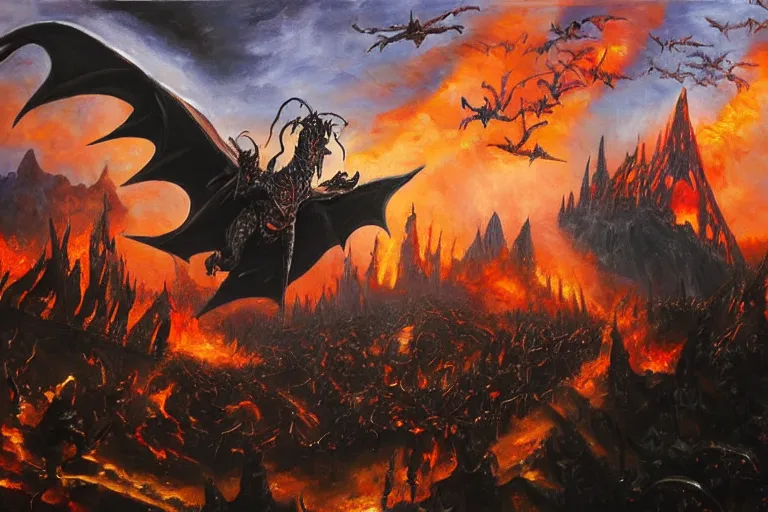 Image similar to oil painting mordor with dragons flying and knights fighting,