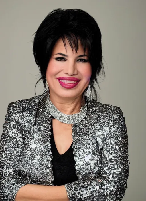 Image similar to dslr photo portrait still of 5 1 year old age 5 1 selena quintanilla at age 5 1!!!, 8 5 mm f 1. 8, studio lighting, vogue