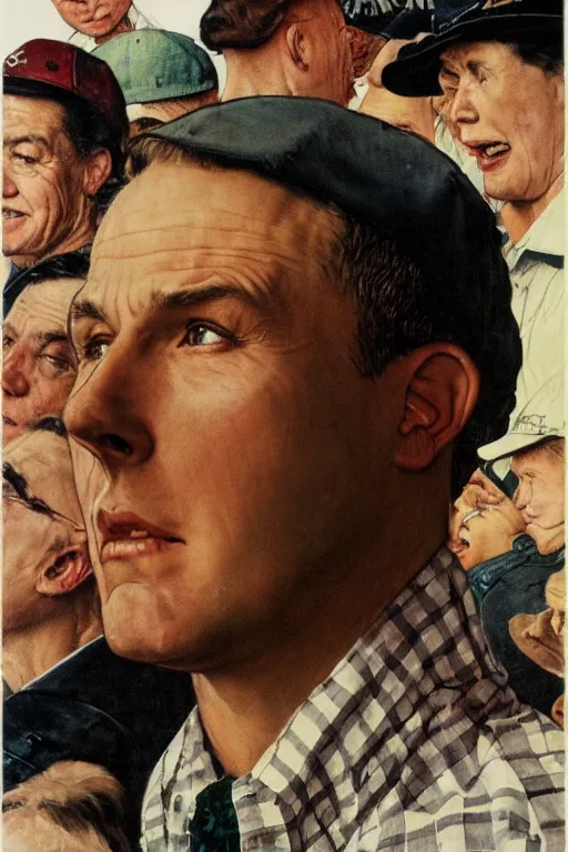 Prompt: san ben affleck wearing checkered shirt and white cap, poster, by norman rockwell