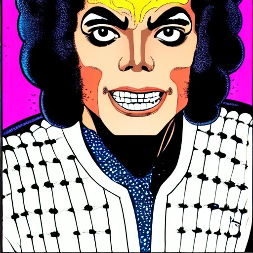 Image similar to dynamic macro head portrait of beautifu michael jackson super hero in white sequined jacket by john romita sr and cory walker and ryan ottley and jack kirby and barry windsor - smith, comic, illustration, photo real