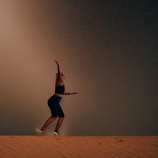 Image similar to a photo of a female doing basket in the desert while it's raining, 5 0 mm lens, f 1. 4, sharp focus, ethereal, emotionally evoking, head in focus, volumetric lighting, 8 k