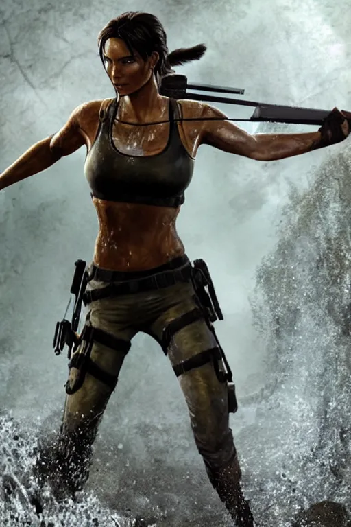 film scene of lara croft, drenched body, wet dripping | Stable ...