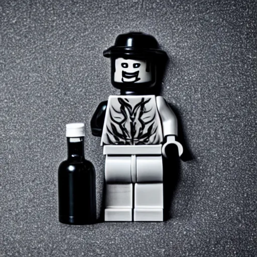 Image similar to !dream macro photo of angry man lego figure in black sportswear, eight-piece cap on head, holding a vodka bottle, ambient lighting