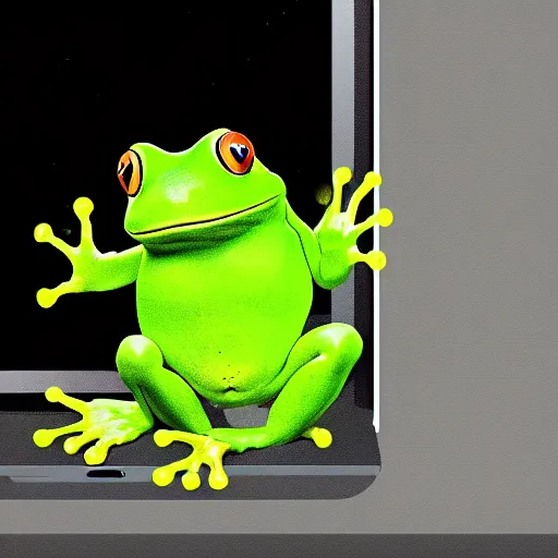 Prompt: sad humanoid frog holding his head in front of a computer screen in a dingy dark room at night. realistic digital art.