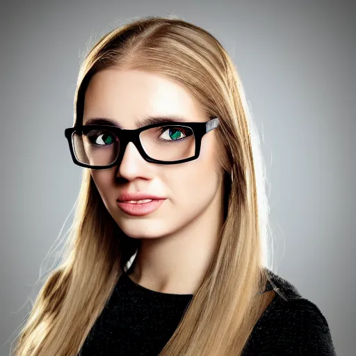 Prompt: portrait of a young woman with dark blonde hair and green eyes wearing black glasses, photorealistic, high quality, 4k