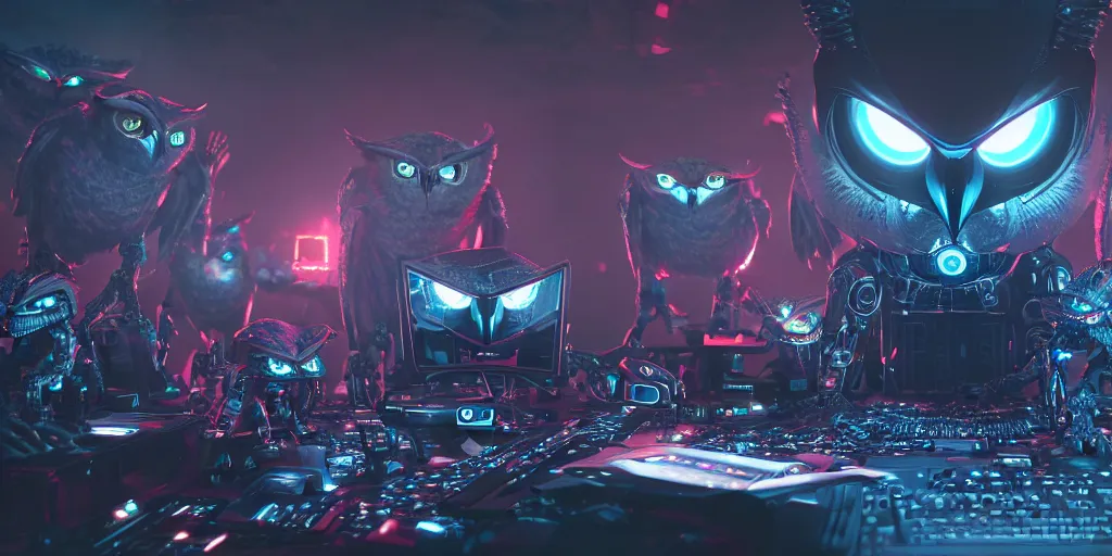 Image similar to an giant evil, malevolent, cyborg owls looking at a computer, surrounded by computer screens. this 4 k hd image is trending on artstation, featured on behance, well - rendered, extra crisp, features intricate detail and the style of unreal engine. volumetric lighting octane render