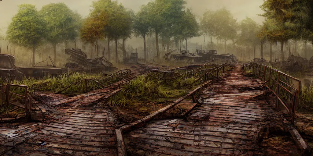 Prompt: A wooden walkway winding through a muddy swamp littered with rusted sumberged cars and vegetation covered construction equipment,, game art matte painting hyperdetailed, artstation, cgsociety, 8k, surreal dream landscape