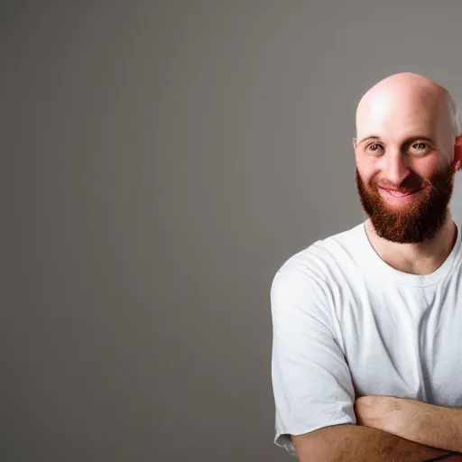 Prompt: portrait of 3 0 year old bald white man sitting in a white room with a window in the background, holding up hand with stay loose sign, the man has a slight beard and is smiling slightly and tilting his head to the right
