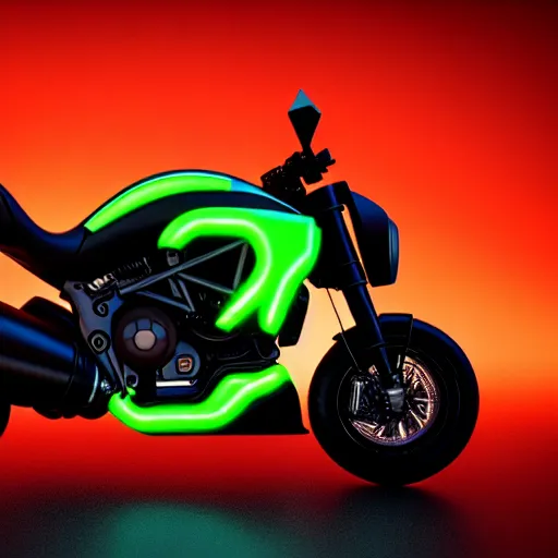 Prompt: full shot of a box - shaped sci - fi vehicle made from dark glass and plastic surfaces with neon kanji decals in the style of bladerunner 2 0 4 9, ducati diavel, side lights, studio lighting, octane render, light background