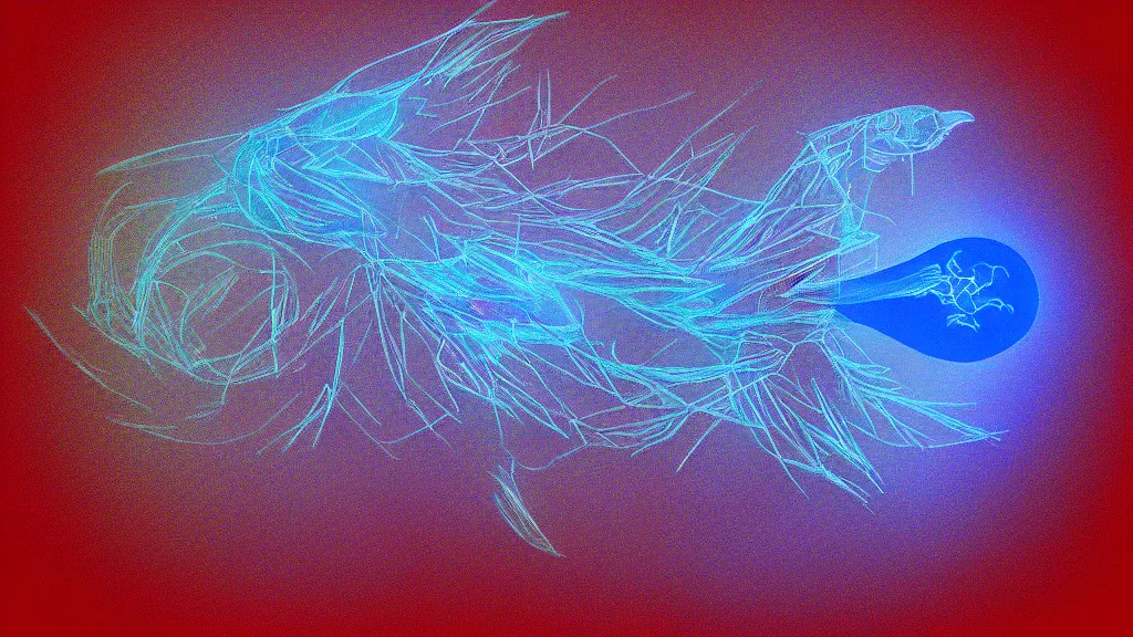 Prompt: portrait of an ethereal graylag goose made of blue and red light, divine, cyberspace, mysterious, dark high-contrast concept art