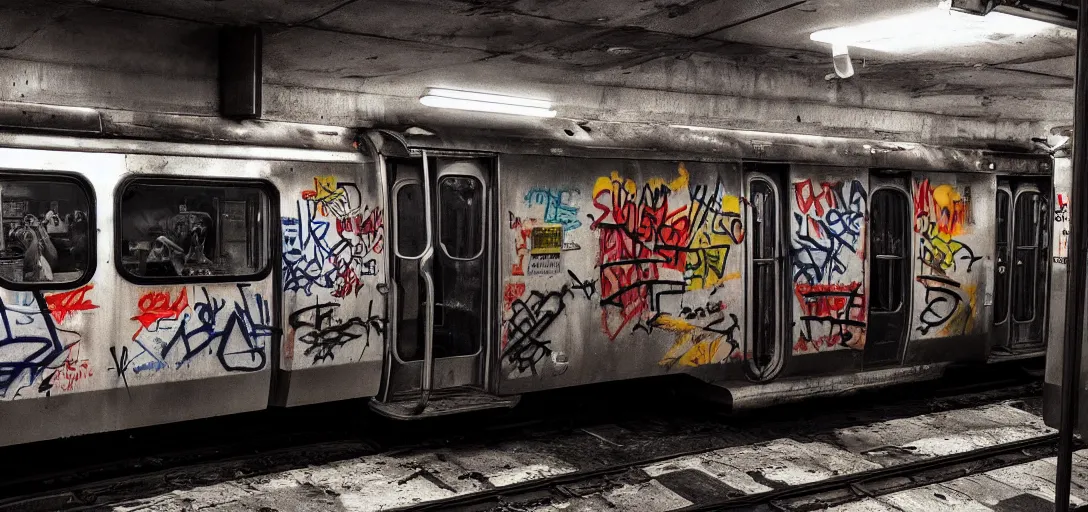 Prompt: old new york Subway car painted with Graffiti, mord182, dramatic lighting, cinematic, establishing shot, extremly high detail, photo realistic, cinematic lighting, post processed, concept art, artstation, matte painting, style by eddie mendoza, raphael lacoste, alex ross