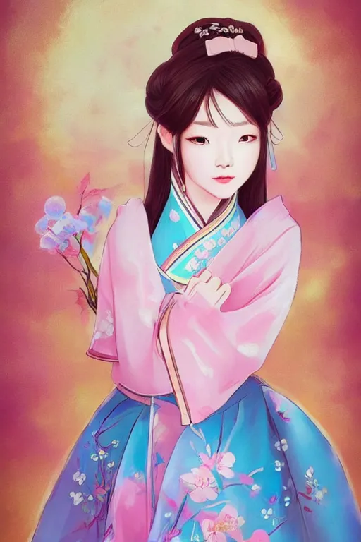 Image similar to pretty korean woman wearing beatiful hanbok, face by artgerm, bright pastel colors, studio ghibli painterly style, trending on artstation, tarot card