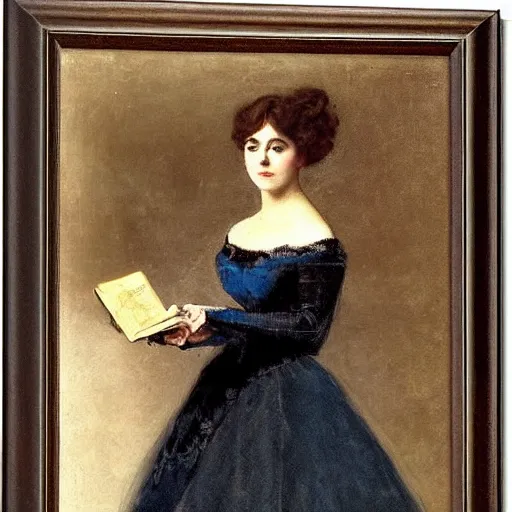 Image similar to young victorian lady in ball gown, absent - minded, holding a book, painted by alfred stevens