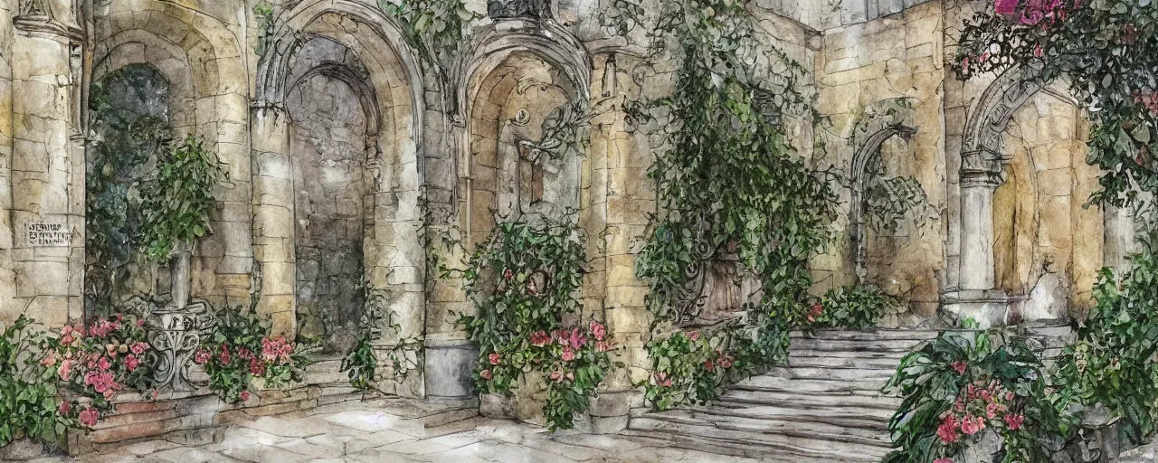 Image similar to courtyard walkway, fountain, castle, stairway, chairs, wrought iron, gate, botanic garden, botanical herbarium paper, watercolor colored painting, iridescent colors, realistic shaded, fine, artstation, italian style, colonnade ornate headdress, craving, carved, insanely detailed