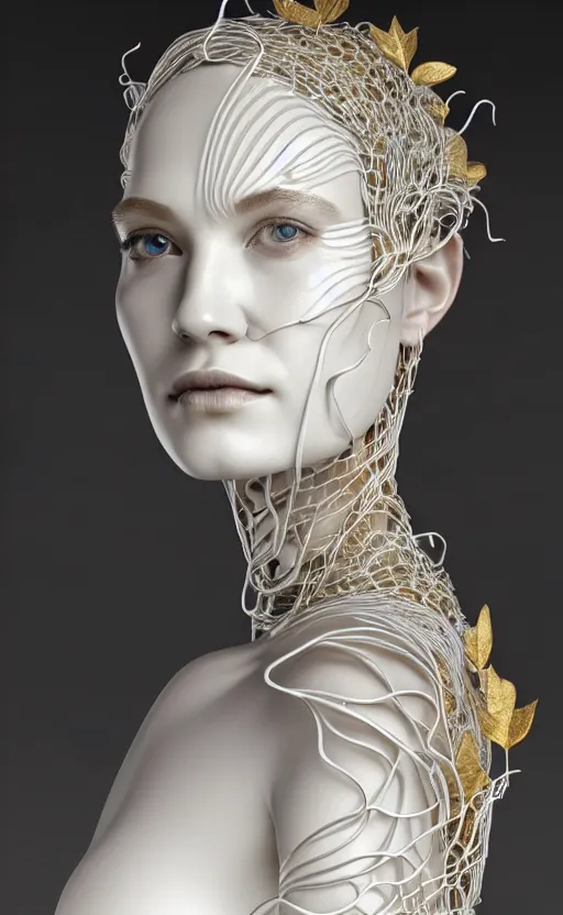 Image similar to complex 3d render of a beautiful porcelain profile woman face, vegetal dragon cyborg, 150 mm, beautiful natural soft light, rim light, silver gold details, magnolia leaves and stems, roots, fine lace, maze like, mandelbot fractal, anatomical, facial muscles, cable wires, microchip, elegant, highly detailed, white metallic armour, octane render, black and white, H.R. Giger style