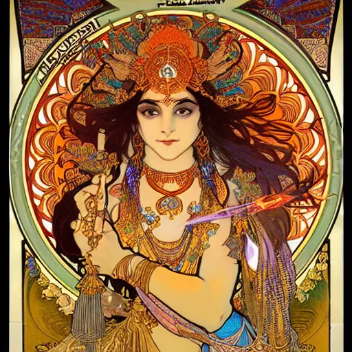 Image similar to hindu goddess of firespinning, by alphonse mucha, burning man, intricate