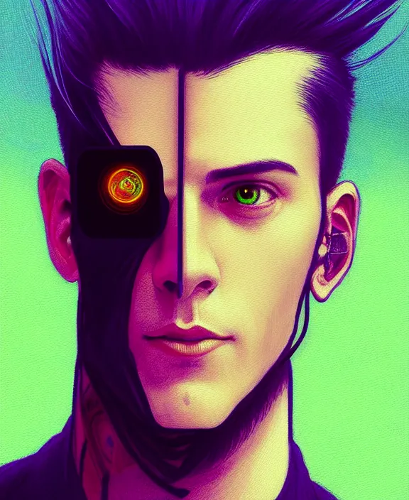 Image similar to a whirlwind inside the metaverse, guy, male, man, science, machine face, fashionable haircut, piercing, half body, neurochip, android, cyberpunk face, by loish, d & d, fantasy, intricate, elegant, highly detailed, colorful, digital painting, artstation, concept art, art by artgerm and greg rutkowski and alphonse mucha