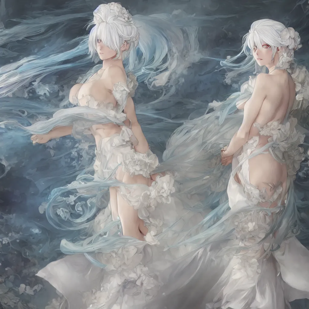 Image similar to white haired anime girl in a vaporous wrapped large victorian cream roses silk semi-transparent blue and cream dress fashion is running D&D, fantasy, intricate, elegant, highly detailed, digital painting, artstation, concept art, matte, sharp focus, illustration, art by Artgerm and Greg Rutkowski and Alphonse Mucha, UHD