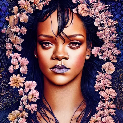 Image similar to portrait of Rihanna as a young pretty woman in flowing dress, arrogant, mysterious, long fine flowing hair, delicate, looking at camera, realistic face, intricate, stylish, elegant, grimdark, flowers, extremely detailed photograph by Martine Johanna and Ernst Haeckel and Greg Rutkowski