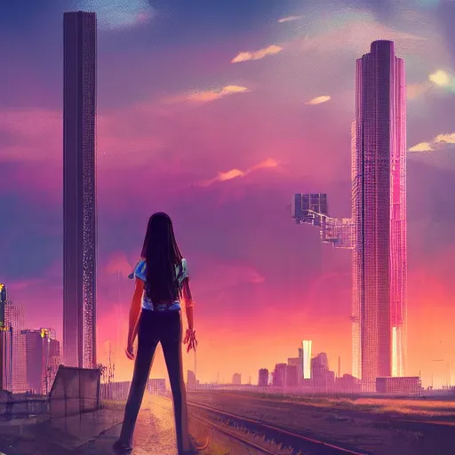 Prompt: a young girl standing on rail road looking at distant future, cyberpunk vibe, huge towers, pastel colored sunset, abandoned city, full of tree, plant, bright blue sky, ultra detailed, highly detailed, cinematic, photo realistic, hyper realistic, cinematic, bright lighting, focus on background