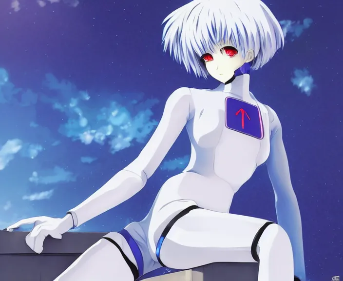 Image similar to anime art, fullbody shot of female rei ayanami, evangelion, long blue hair and large eyes, finely detailed perfect face, in a pale skintight plugsuit, sitting on rooftop, flooded city, trending on pixiv fanbox, by ilya kuvshinov, sola digital arts,, raytracing