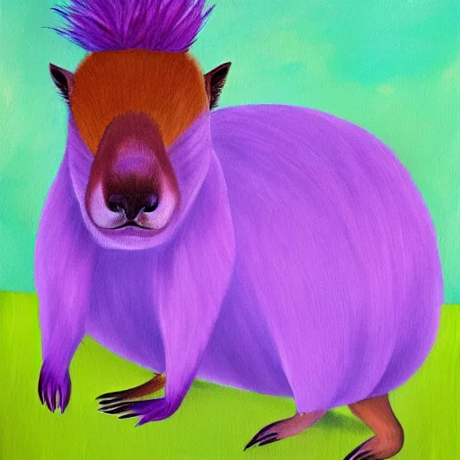 Image similar to painting of a capybara with a purple wig