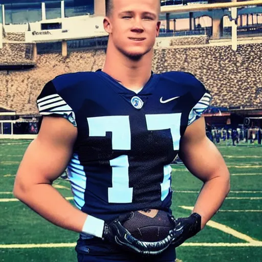 Image similar to “ a realistic detailed photo of a guy who is an attractive humanoid who is half robot and half humanoid, who is a male android, football player christian mccaffrey, shiny skin, posing like a statue, blank stare, on the field, on display ”