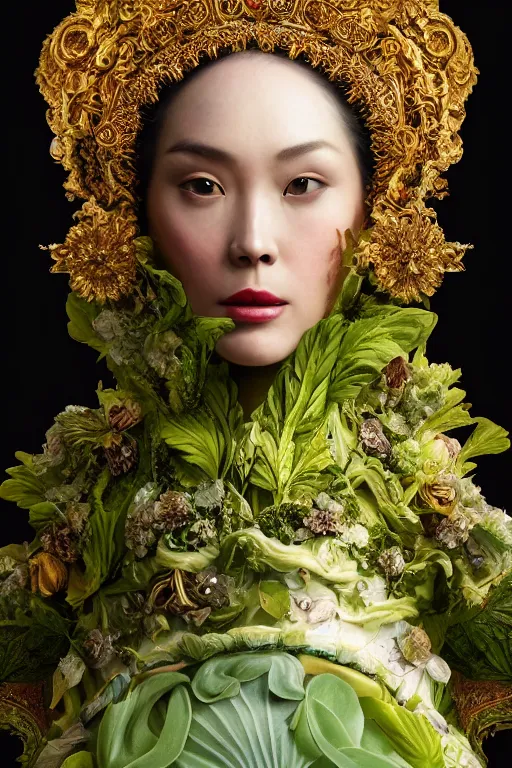 Prompt: a beautiful empress portrait, with a brilliant, impossible striking big salad headpiece, clothes entirely made out of salad, symmetrical, dramatic studio lighting, rococo, baroque, greens, asian, hyperrealism, closeup, D&D, fantasy, intricate, elegant, highly detailed, digital painting, artstation, octane render, 8k, concept art, matte, sharp focus, illustration, art by Artgerm and Greg Rutkowski and Alphonse Mucha