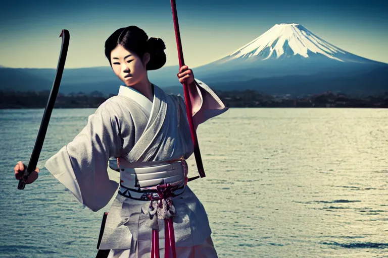 Prompt: beautiful photo of a young modern geisha samurai warrior, mt fuji in the background, mid action swing, shining silver katana sword, award winning photo, muted pastels, action photography, 1 / 1 2 5 shutter speed, dramatic lighting