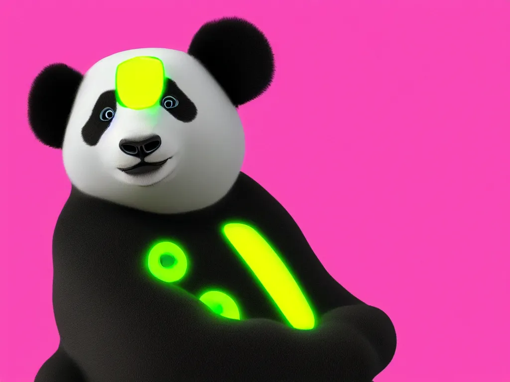 Image similar to 3D Render Portrait Of A Cute, Robot Panda With Glowing Yellow Eyes On A Neon Pink Background, Digital Art