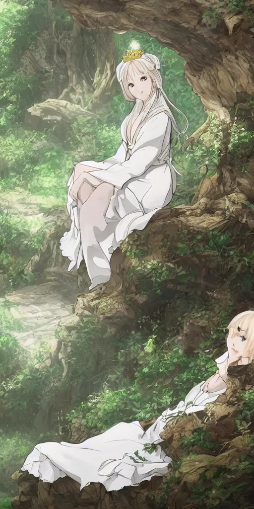 Image similar to landscape shot of a highly detailed queen sitting by herself on a sofa in a forest wearing a white robe drawn by CloverWorks, elegant, beauty,