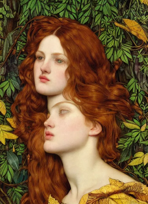 Prompt: masterpiece beautiful seductive flowing curves preraphaelite face portrait amongst leaves, extreme close up shot, straight bangs, thick set features, yellow ochre ornate medieval dress, laying amongst foliage mushroom forest circle arch, frederic leighton and kilian eng and rosetti and preraphaelites, william morris, 4 k