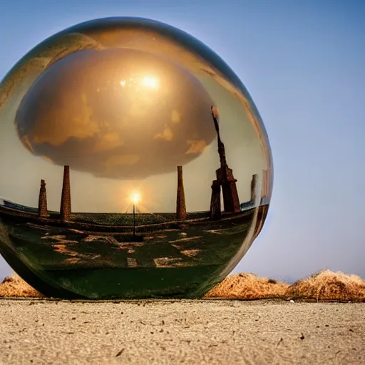 Image similar to a floating crystal ball full of surreal forgotten monuments