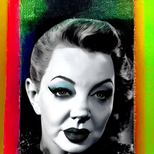 Image similar to a colour photographic portrait of a hybrid of judy garland and lisa minelli and angelina jolie and marylin monroe and kate bush, close up