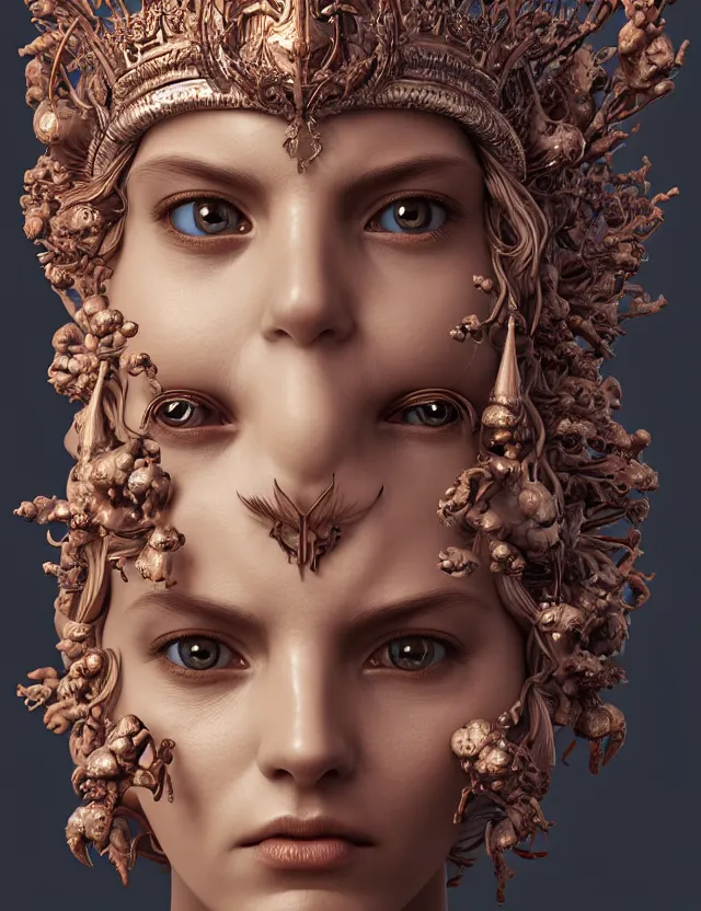 Image similar to symmetrical, centered, zbrush sculpt of goddess close-up portrait wigh crown made of skulls. phoenix betta fish, phoenix, bioluminiscent creature, super intricate ornaments artwork by Tooth Wu and wlop and alena aenami and greg rutkowski