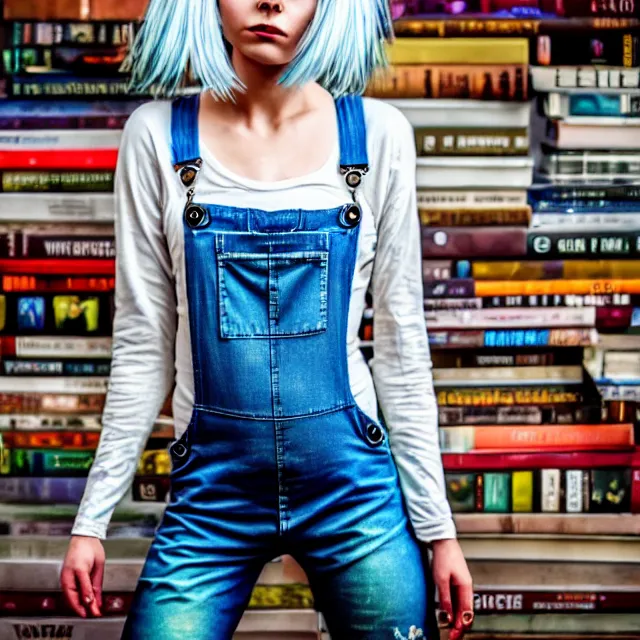 Image similar to full body pose, beautiful adult fairy, pixar, short white hair shaved sides, dirty, grungy, grunge, long sleeve, painted overalls, stacks of giant books, highly detailed, 4 k, hdr, smooth, sharp focus, high resolution, award - winning photo, artgerm, photorealistic