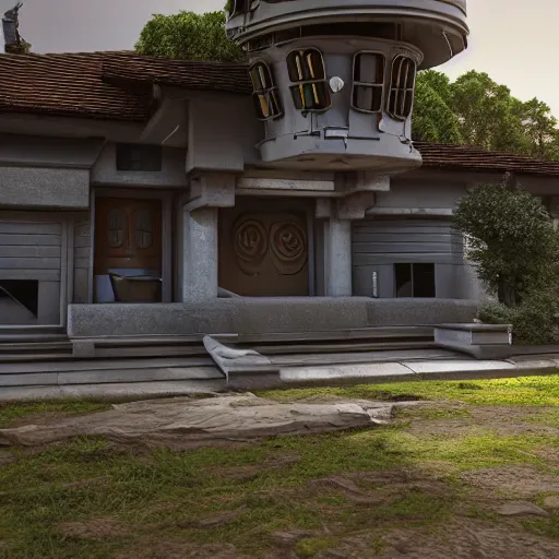 Image similar to ultrarealistic hyperdetailed render of a house in the style of boba fett's helmet, 3 d, octane render, unreal engine, cryengine, artstation