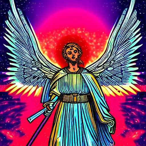 Prompt: digital art of saint michael the archangel, retro synthwave colouring