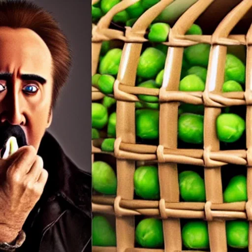 Prompt: nicolas cage trapped in a wicker cage screaming with a mouth full of peas