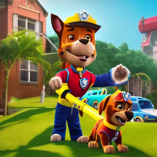 marshall from paw patrol using a water hose to