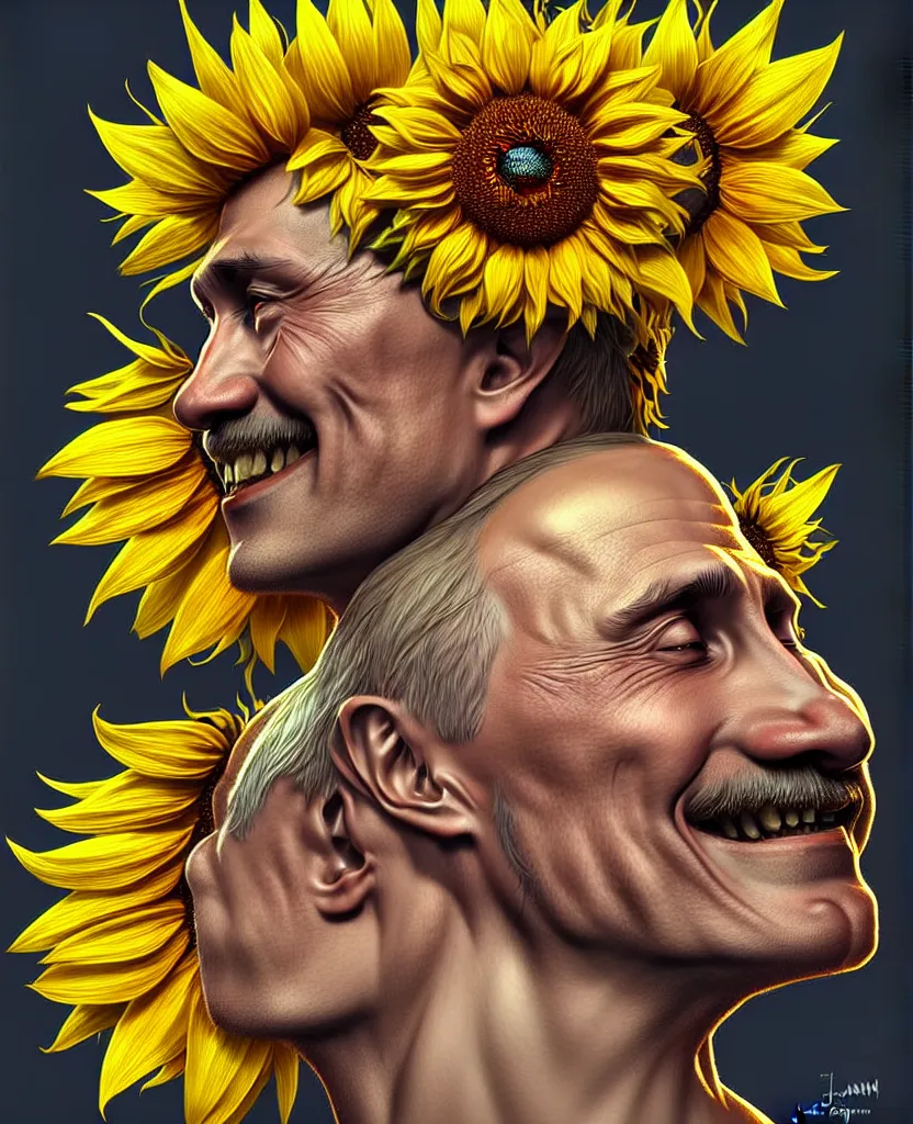 Image similar to digital art, centered full body of Putin smiling king, Sunflower crown, ,intricate, veins, by James Jean and by artgerm , by ross tran ultradetailed, charachter design, concept art, trending on artstation,