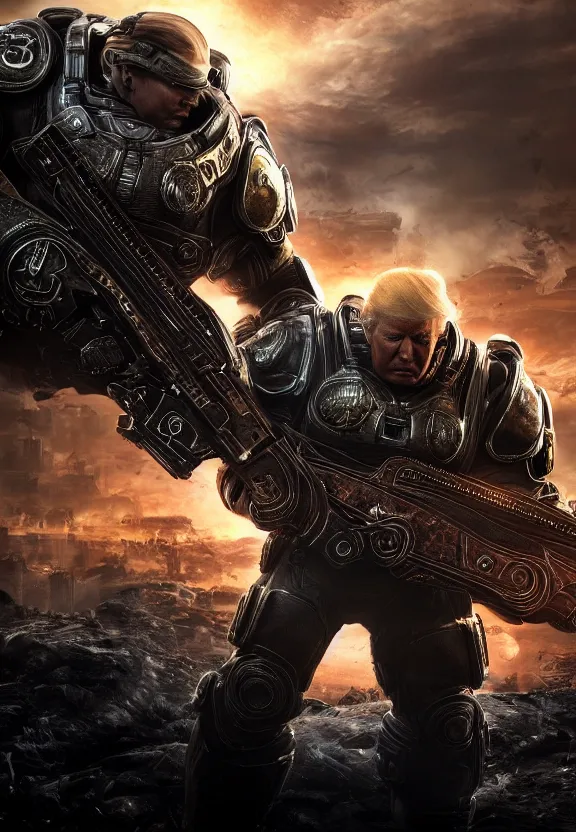 Image similar to Portrait of Donald Trump as emperor of humanity in Gears of War, splash art, movie still, cinematic lighting, dramatic, octane render, long lens, shallow depth of field, bokeh, anamorphic lens flare, 8k, hyper detailed, 35mm film grain