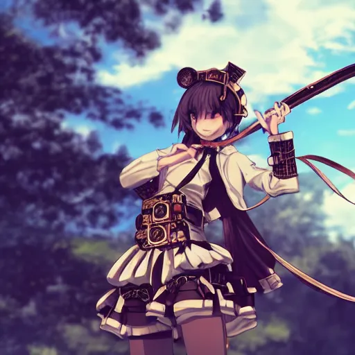 Prompt: smug anime girl with steampunk armor slicing in half a training dummy with a steampunk sword, extremely detailed, cinematic lighting, low angle, particles, clouds, trees,