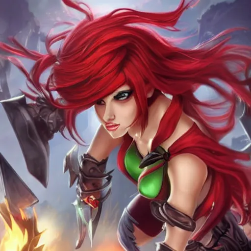 Prompt: big katarina from league of legends killing mobs